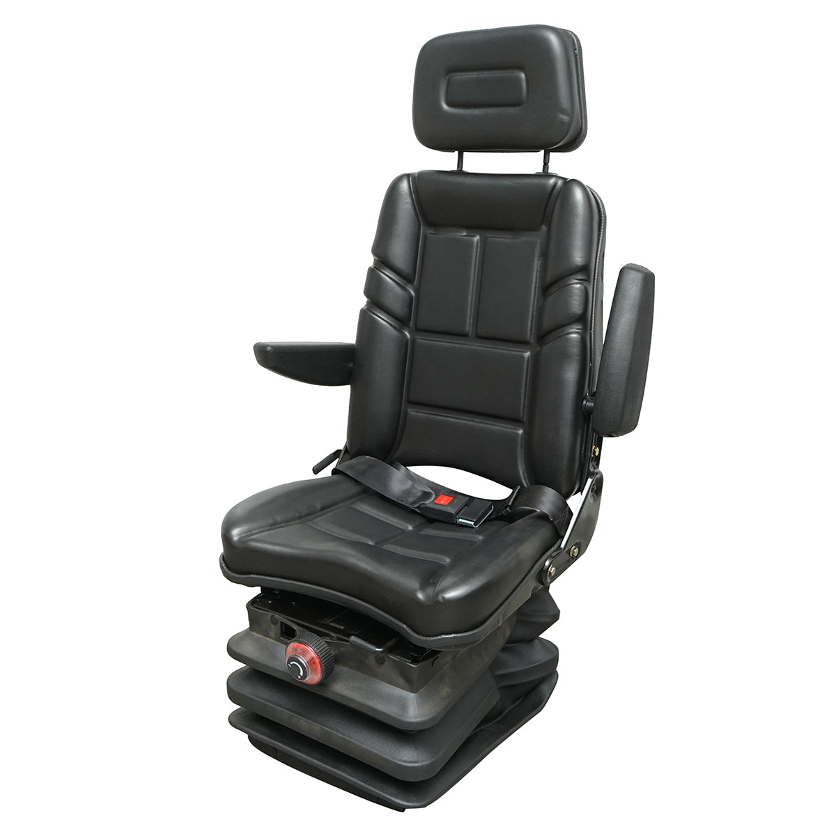 Universal seat with safety belt, headrest, and armrests for agricultural or industrial machinery